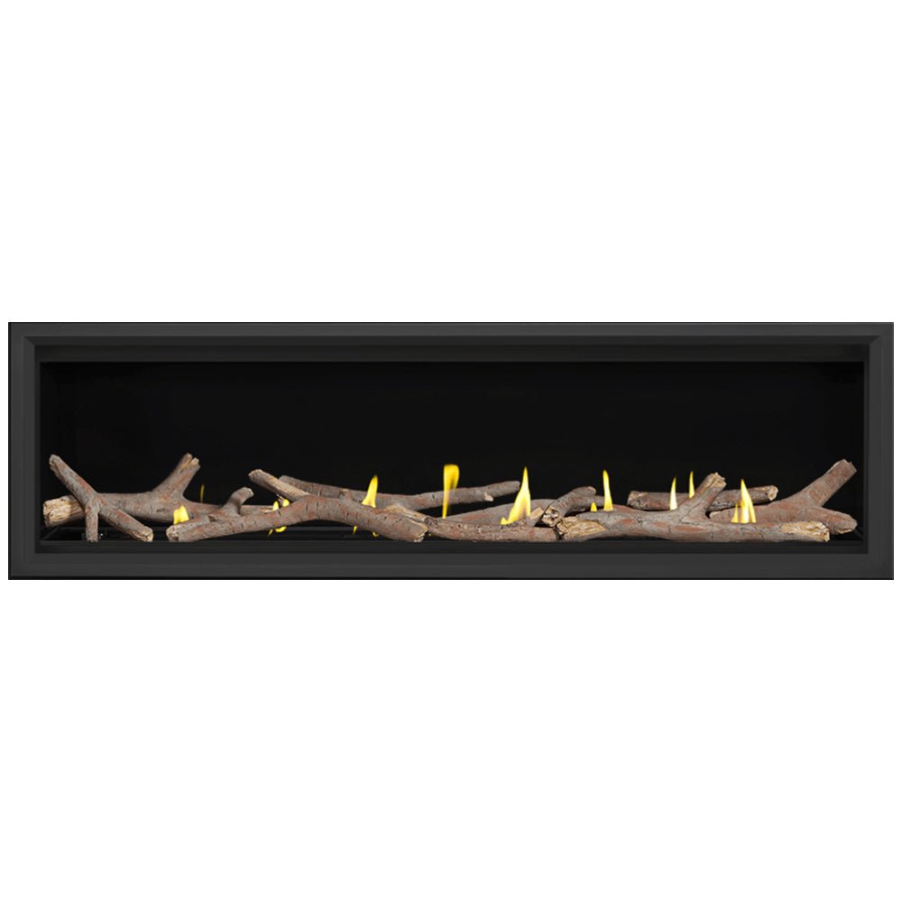 Wall-mounted gas fireplace insert with black frame, flames, and driftwood-style logs