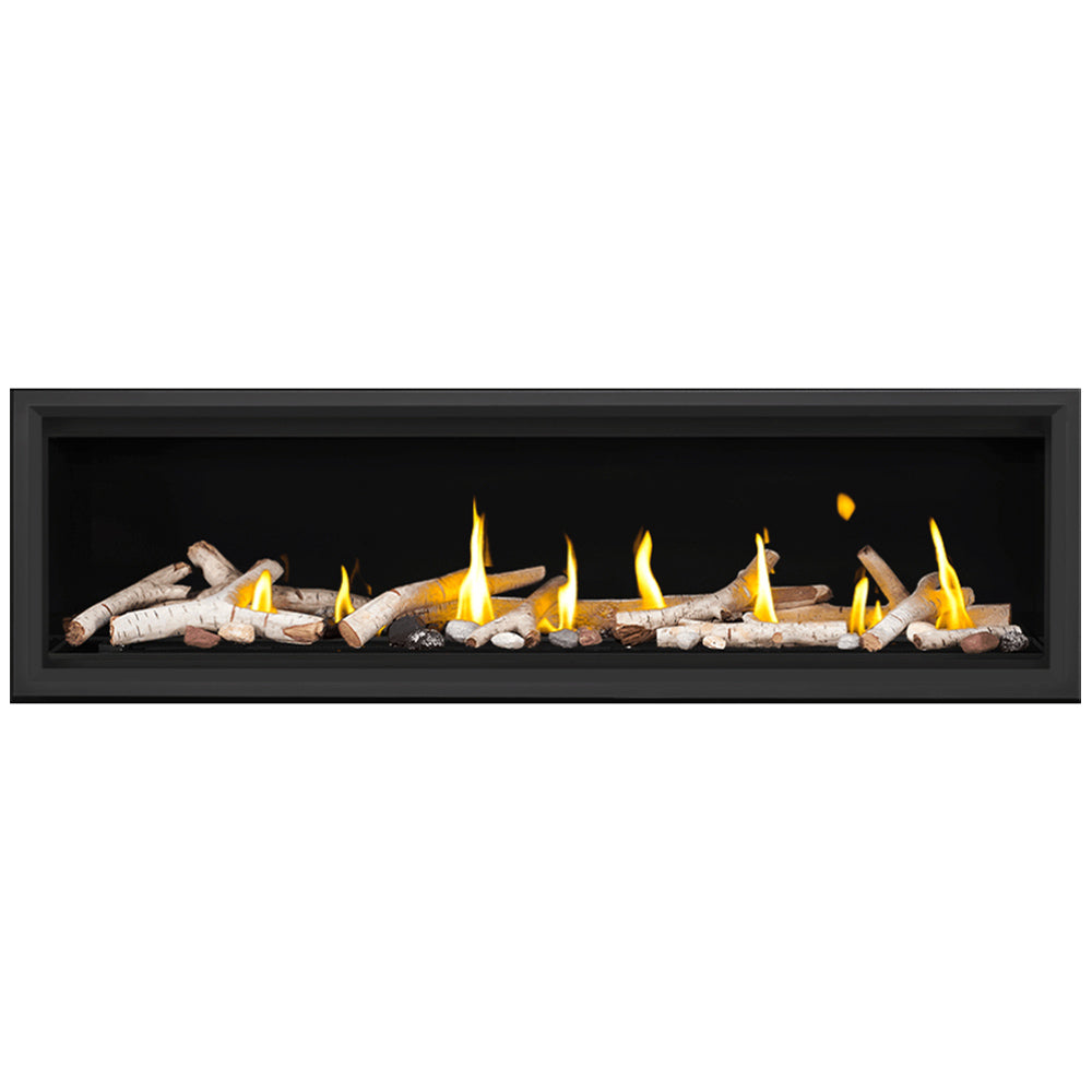 Direct vent gas fireplace with burning logs, bright flames, and light decorative stones