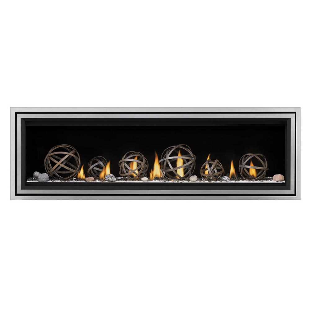 Direct vent gas fireplace insert with circular log media, flames, and light glass/rock base