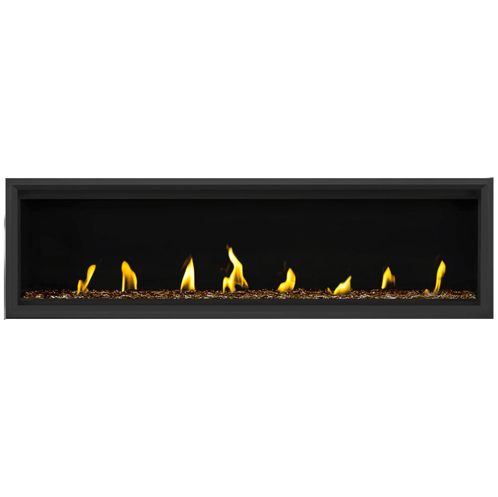 Wall-mounted gas fireplace insert with black frame, flames, and dark fire media bed