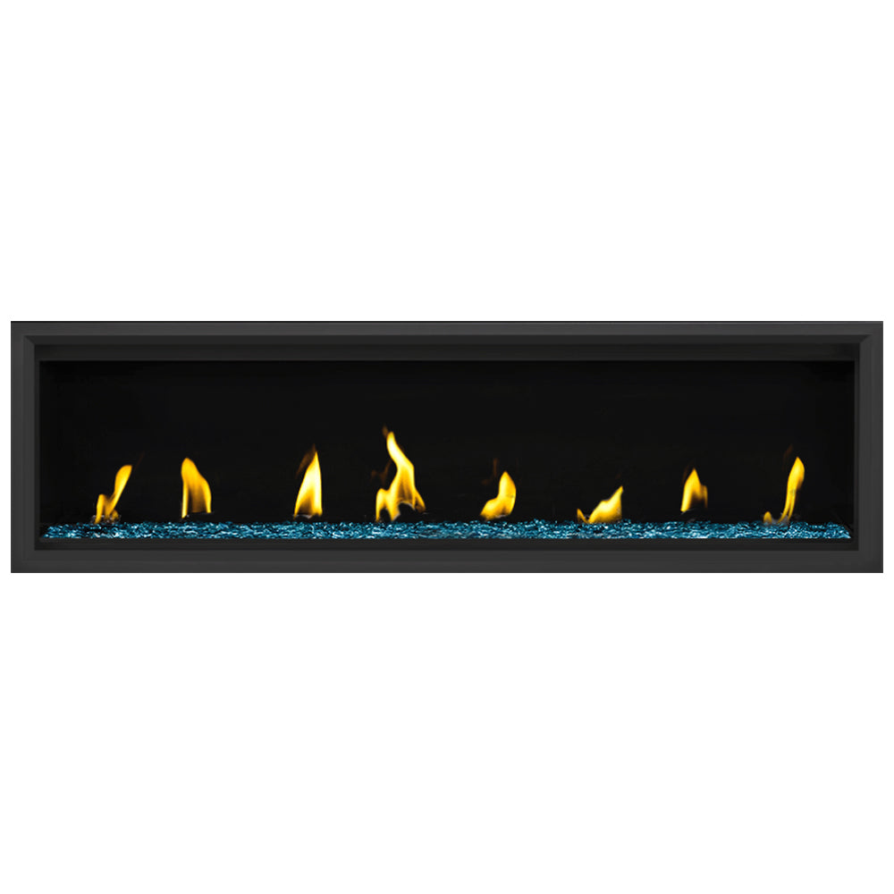 Wall-mounted gas fireplace insert with black frame, flames, and blue glass bead fire media