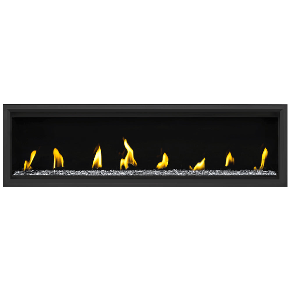 Wall-mounted gas fireplace insert with black frame, flames, and silver-toned glass bead fire media