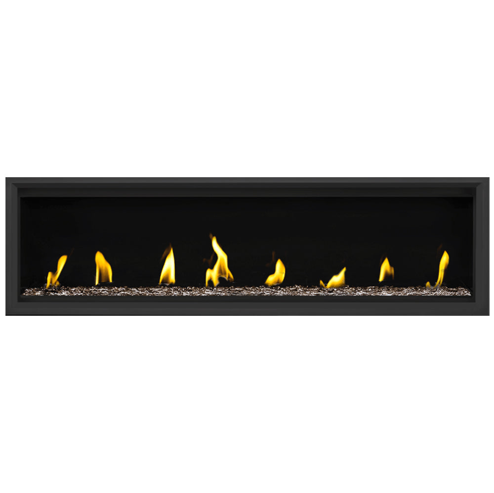 Wall-mounted gas fireplace insert with black frame, flames, and brown-toned glass bead fire media