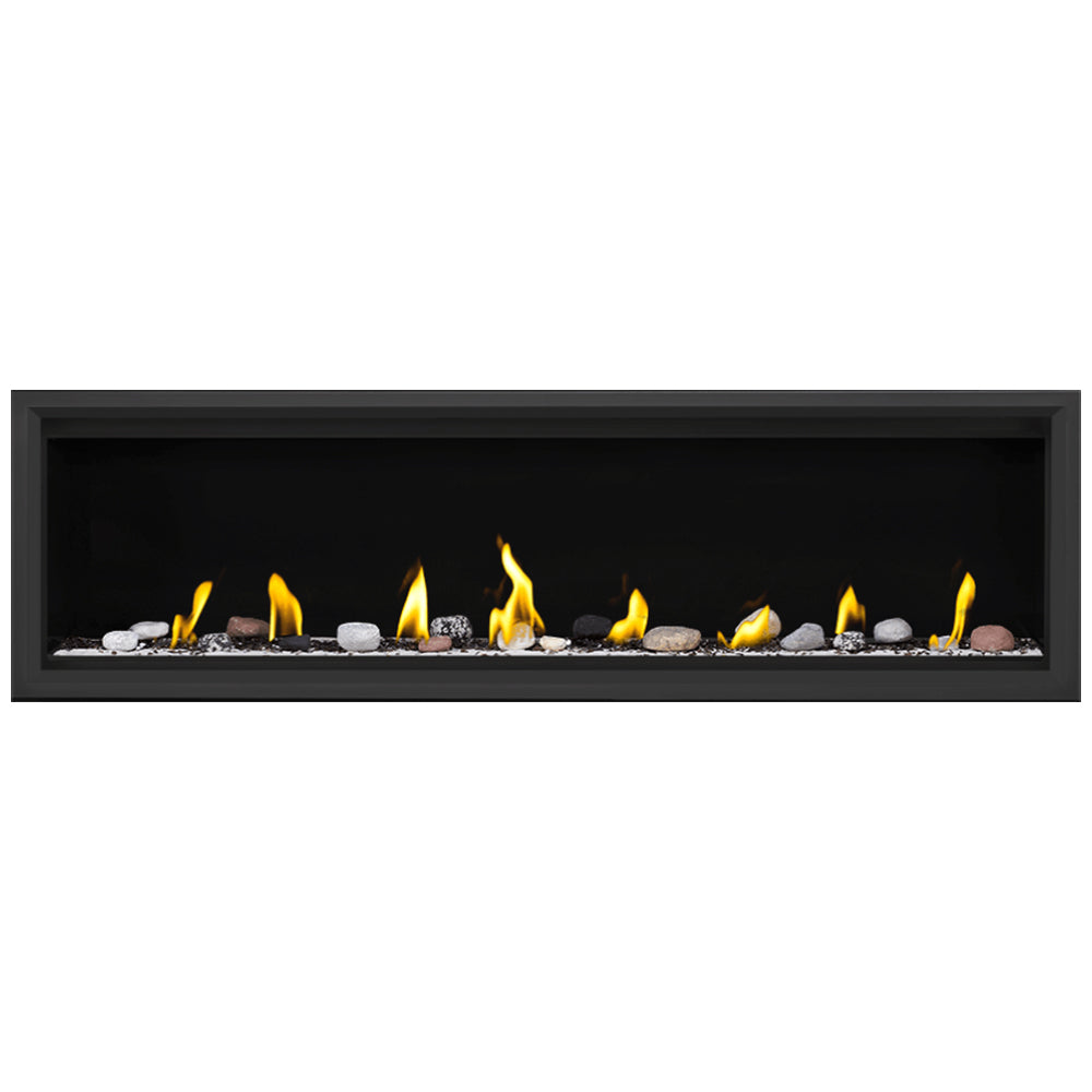 Gas fireplace with burning logs, tall flames, and light decorative stones in black frame