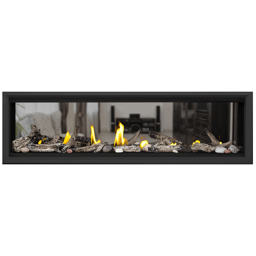 Napoleon direct vent gas fireplace with black frame, flames, and river rock media