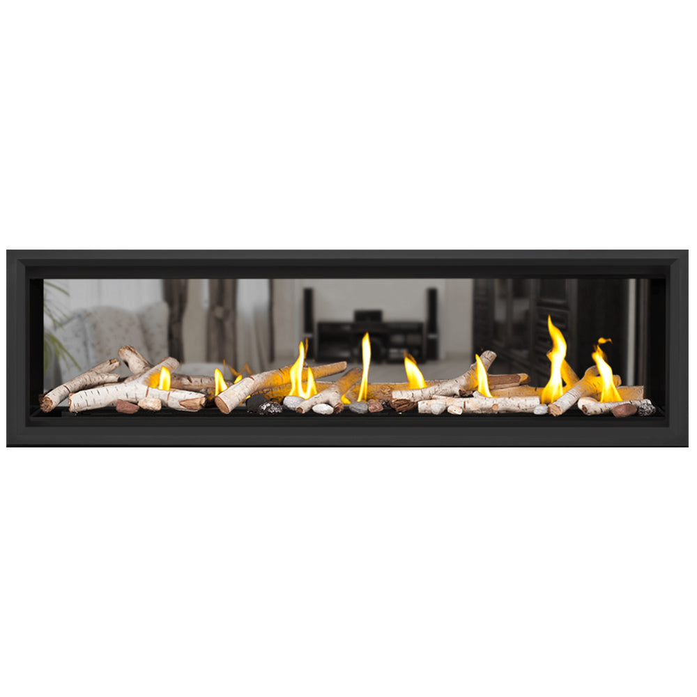 Napoleon direct vent gas fireplace with black frame, flames, and pale log media