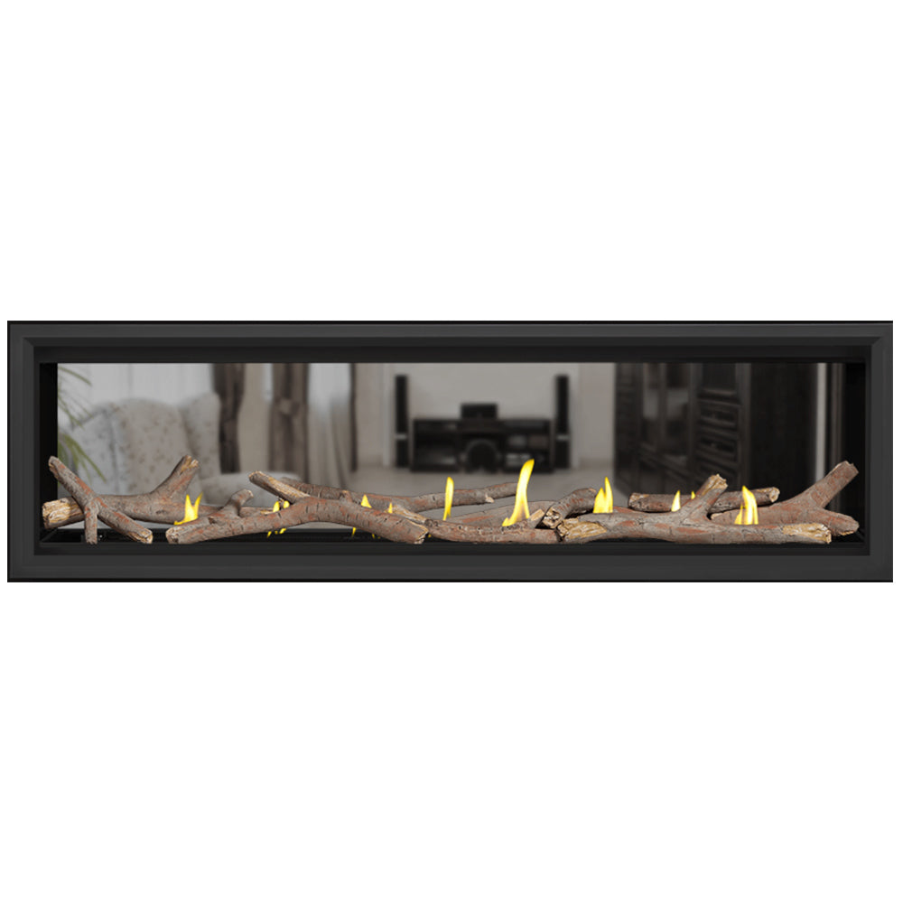 Napoleon direct vent gas fireplace with black frame, flames, and large log pieces