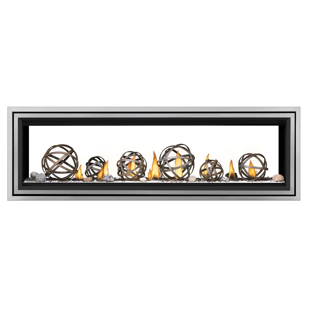 Black direct vent gas fireplace with burning flames and circular decorative metal logs