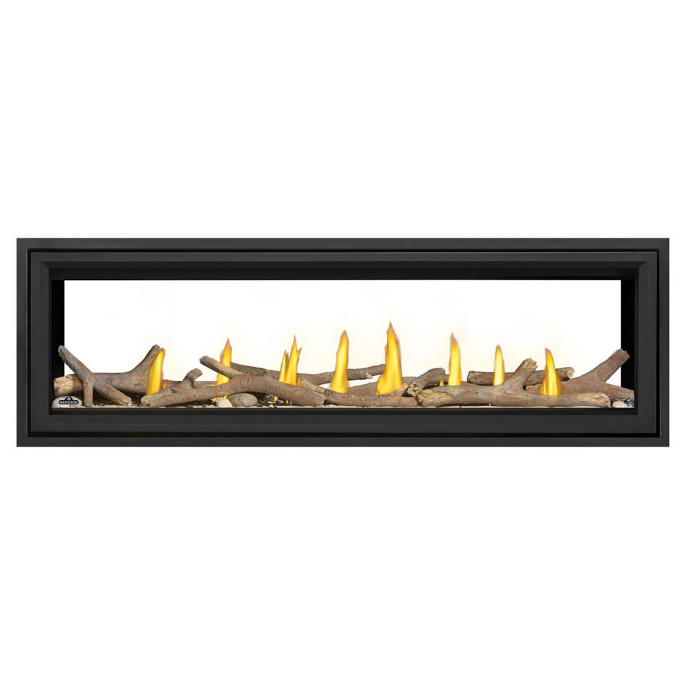 Black direct vent gas fireplace with burning flames and stacked wood logs