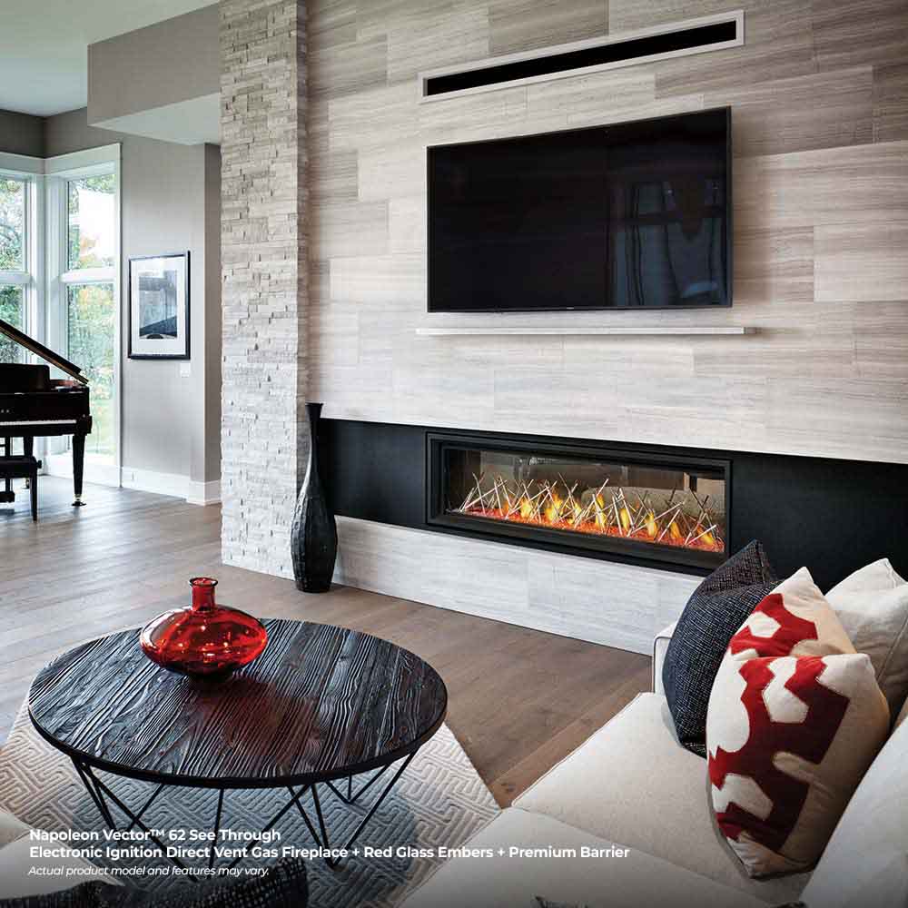 Built-in black direct vent gas fireplace with burning flames and ember-like logs