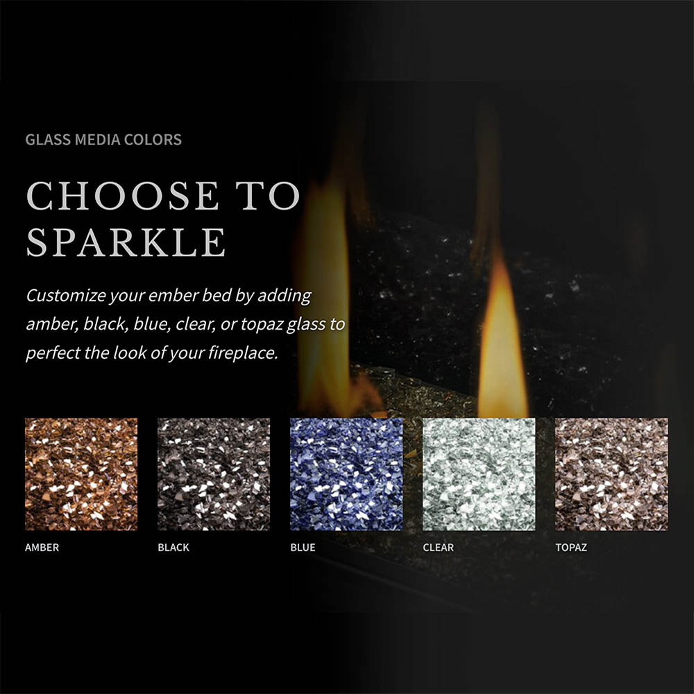 Black direct vent gas fireplace with burning flames and sparkling glass media