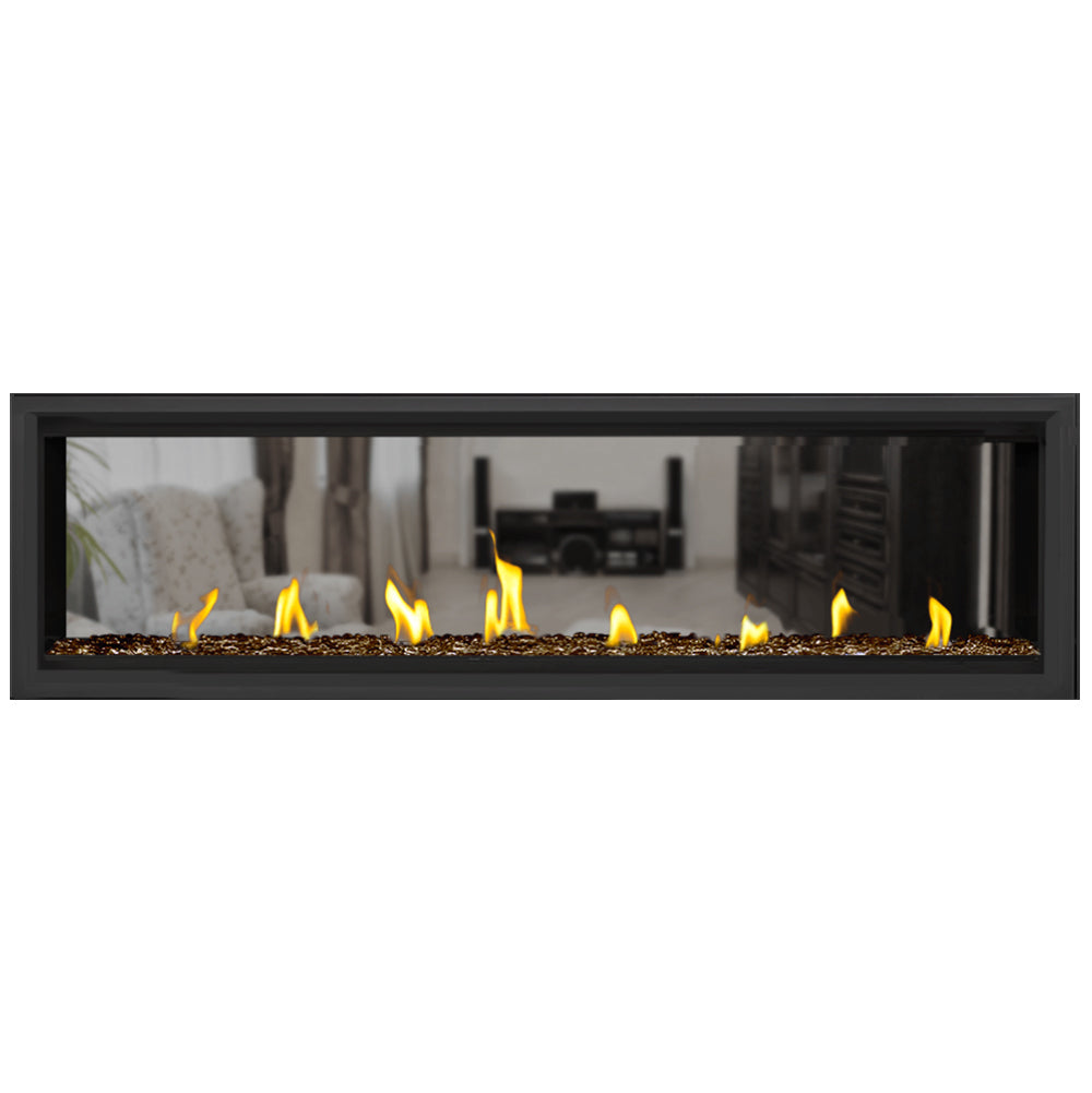 Napoleon direct vent gas fireplace with black frame, flames, and dark glass beads