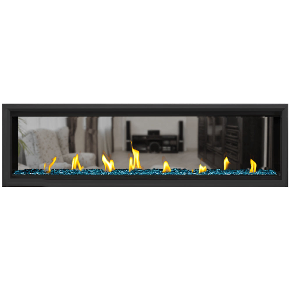 Napoleon direct vent gas fireplace with black frame, flames, and blue glass beads