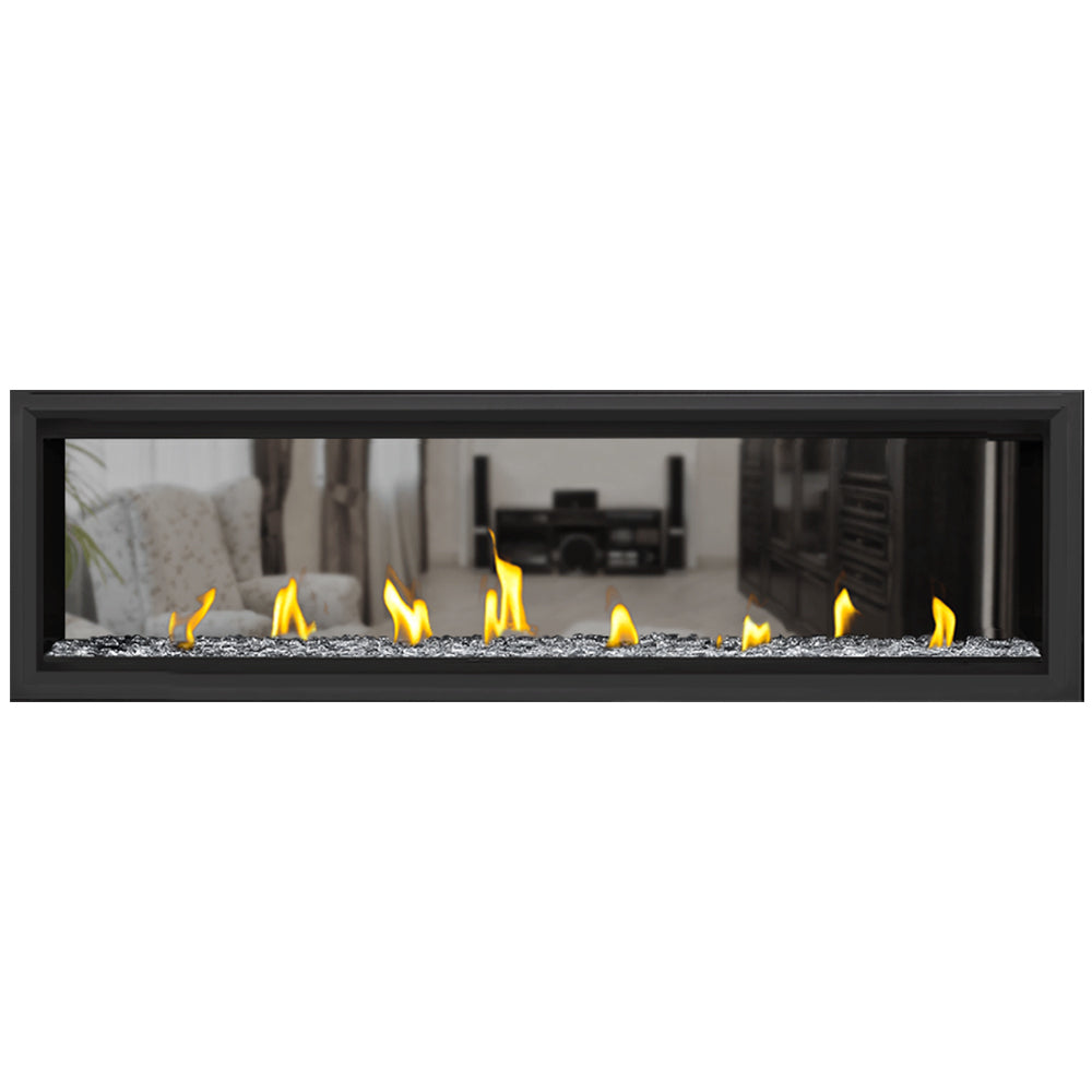 Napoleon direct vent gas fireplace with black frame, flames, and clear glass beads