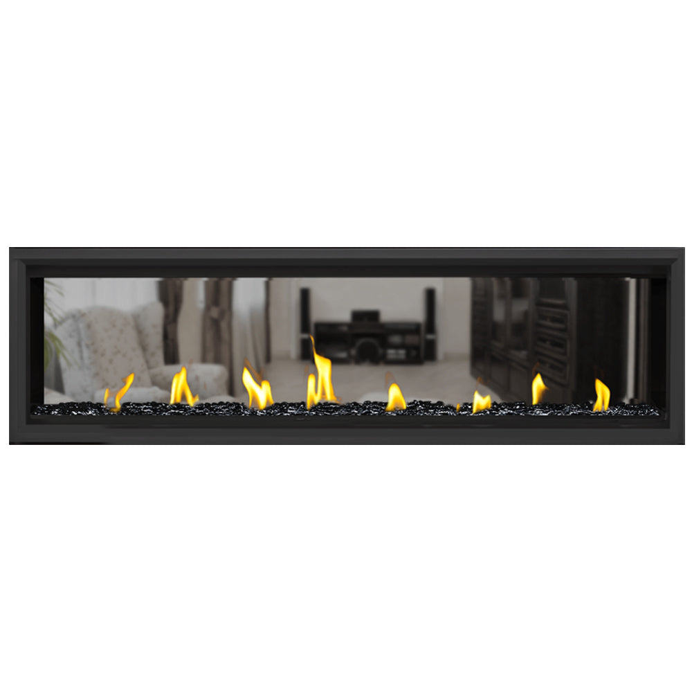 Napoleon direct vent gas fireplace with black frame, flames, and dark fire bed
