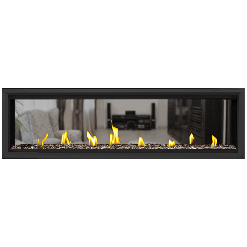 Napoleon direct vent gas fireplace with black frame, flames, and dark fire bed