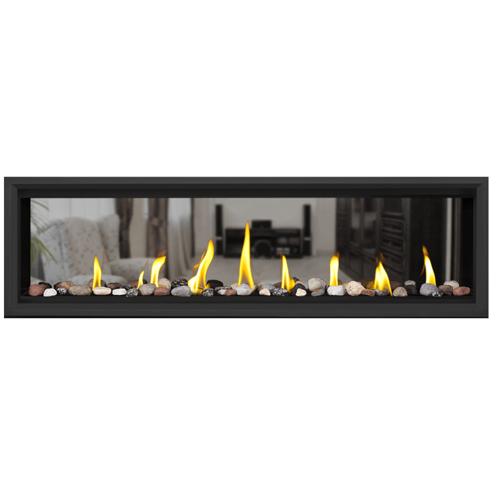 Direct vent gas fireplace front with burning flames and decorative stones