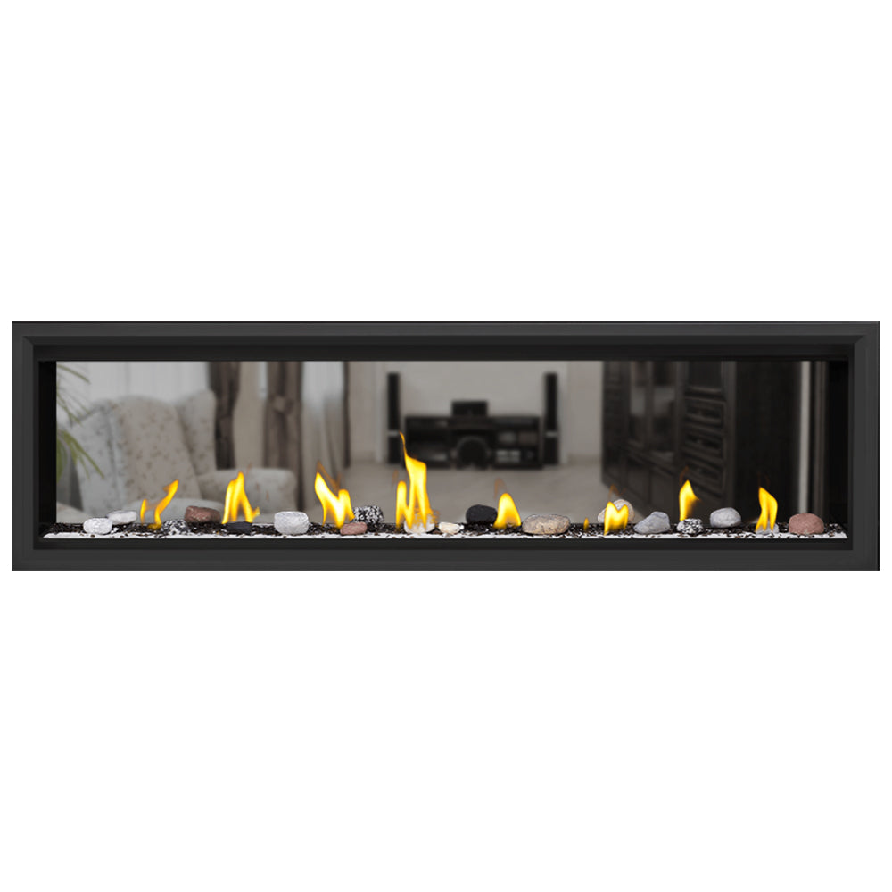 Black direct vent gas fireplace with burning flames and mixed decorative embers
