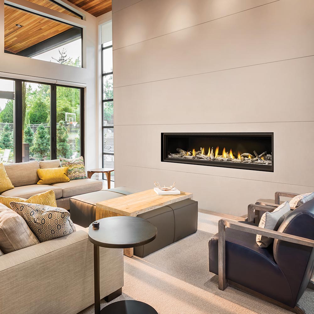 Wall-mounted gas fireplace with black frame, yellow flames, log set