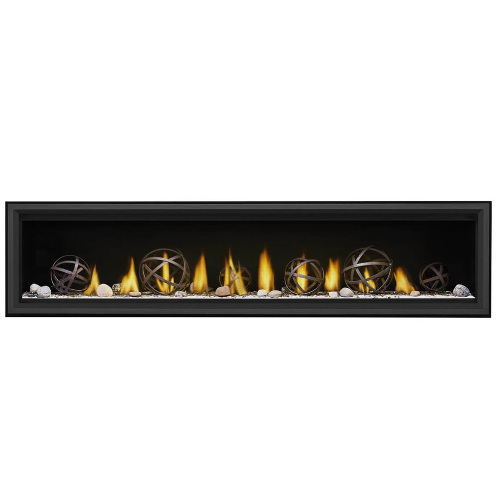 Black gas fireplace with decorative logs, ember stones, and multiple flame flames behind glass.