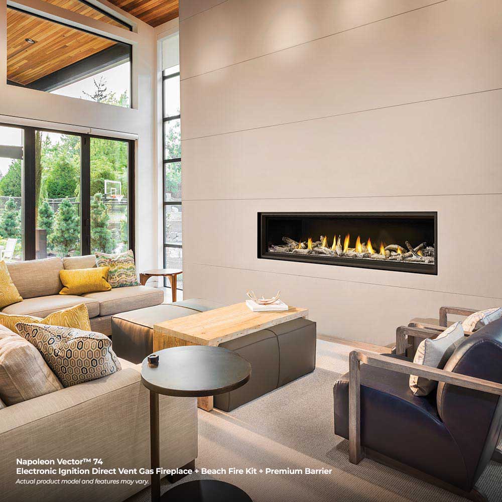 Wall-mounted gas fireplace with burning flames and decorative logs in a living room.