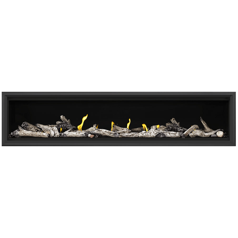Wall-mounted gas fireplace with black frame, yellow flames, rock and log fuel