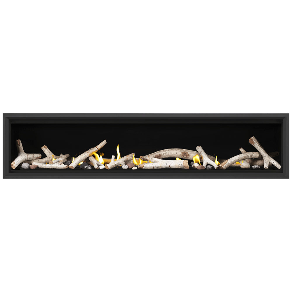 Wall-mounted gas fireplace with black frame, yellow flames, driftwood log set