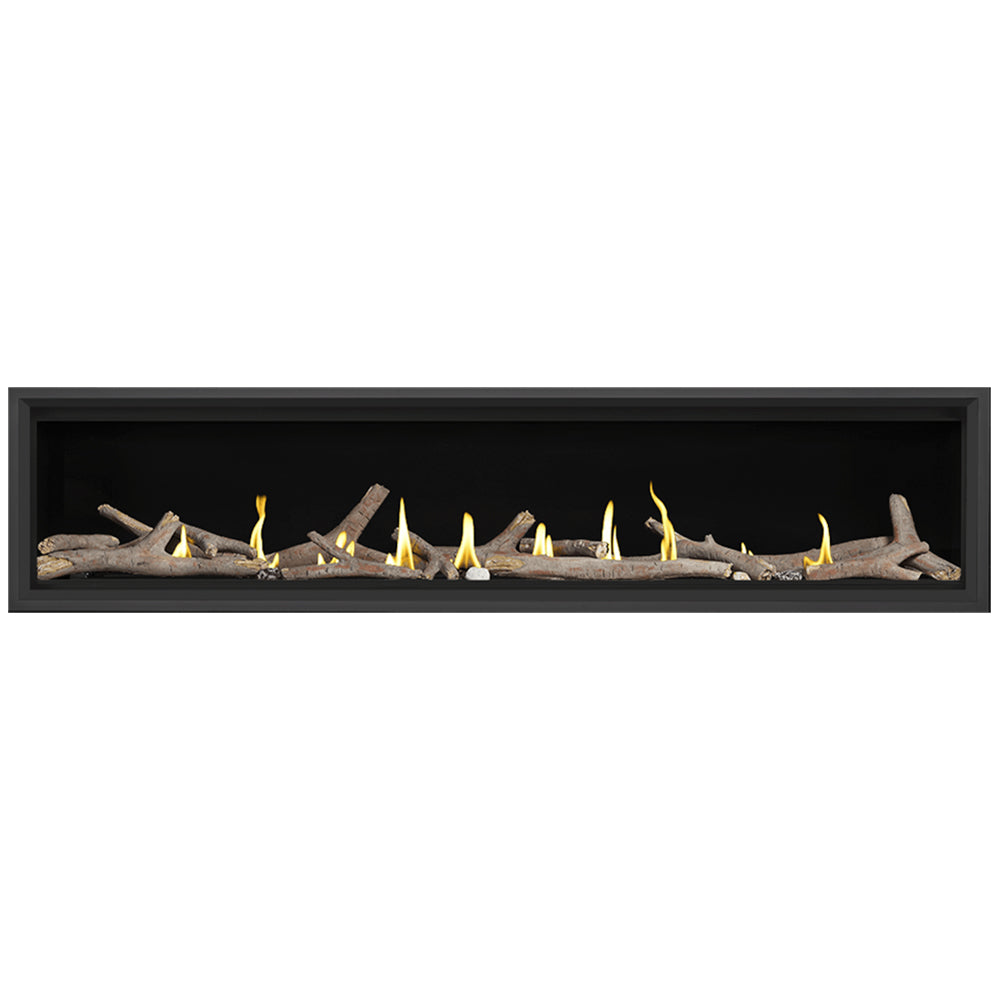 Wall-mounted gas fireplace with black frame, yellow flames, light driftwood logs