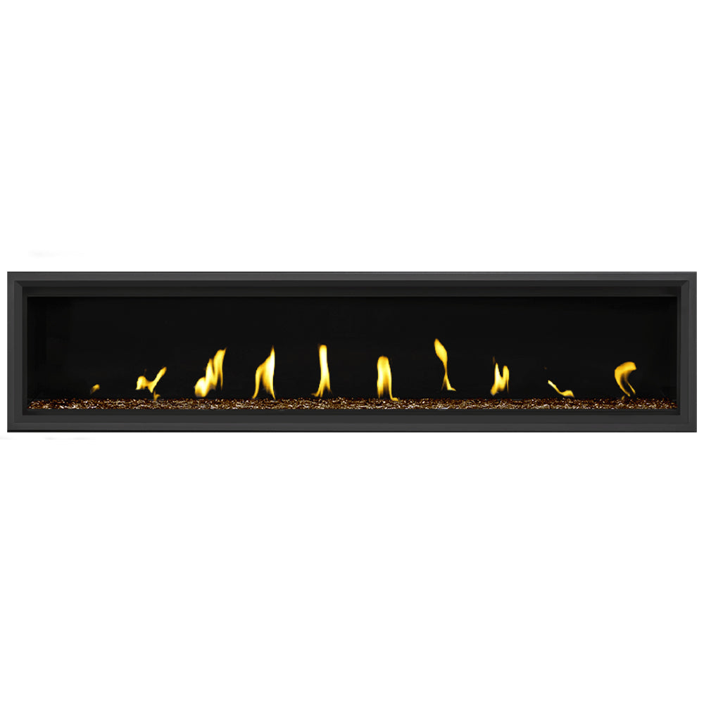 Wall-mounted gas fireplace with black frame, yellow flames, dark burner media