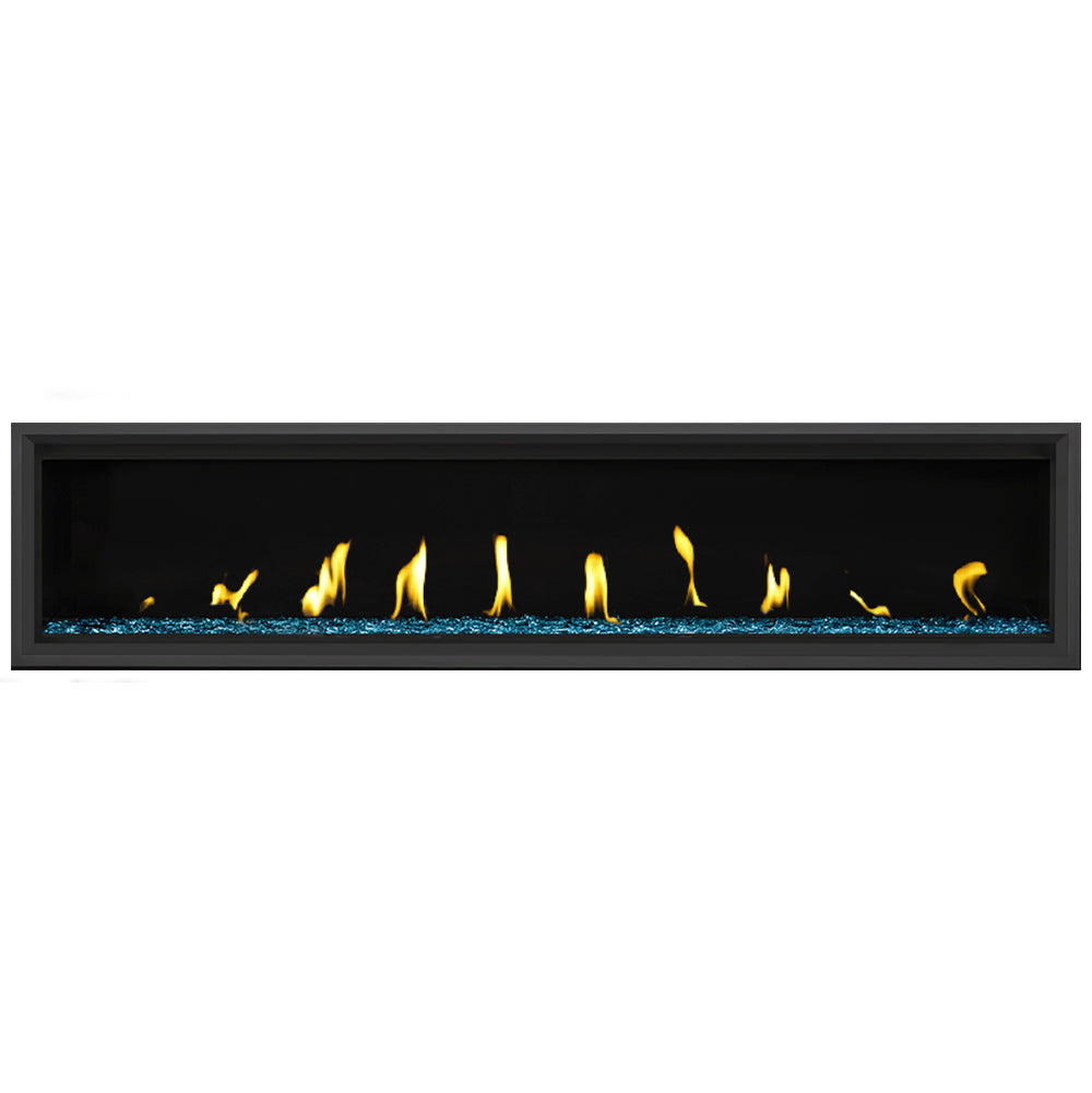Wall-mounted gas fireplace with black frame, yellow flames, blue glass beads