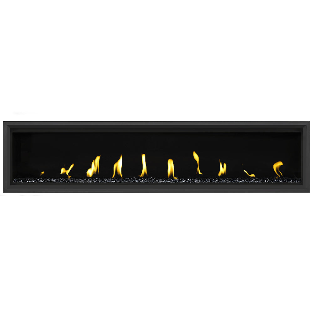 Wall-mounted gas fireplace with black frame, yellow flames, glowing ember bed