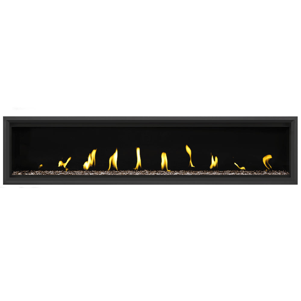Wall-mounted gas fireplace with black frame, yellow flames, brown ember bed