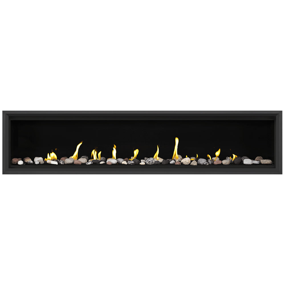 Direct vent gas fireplace with flames and assorted light-colored decorative glass beads
