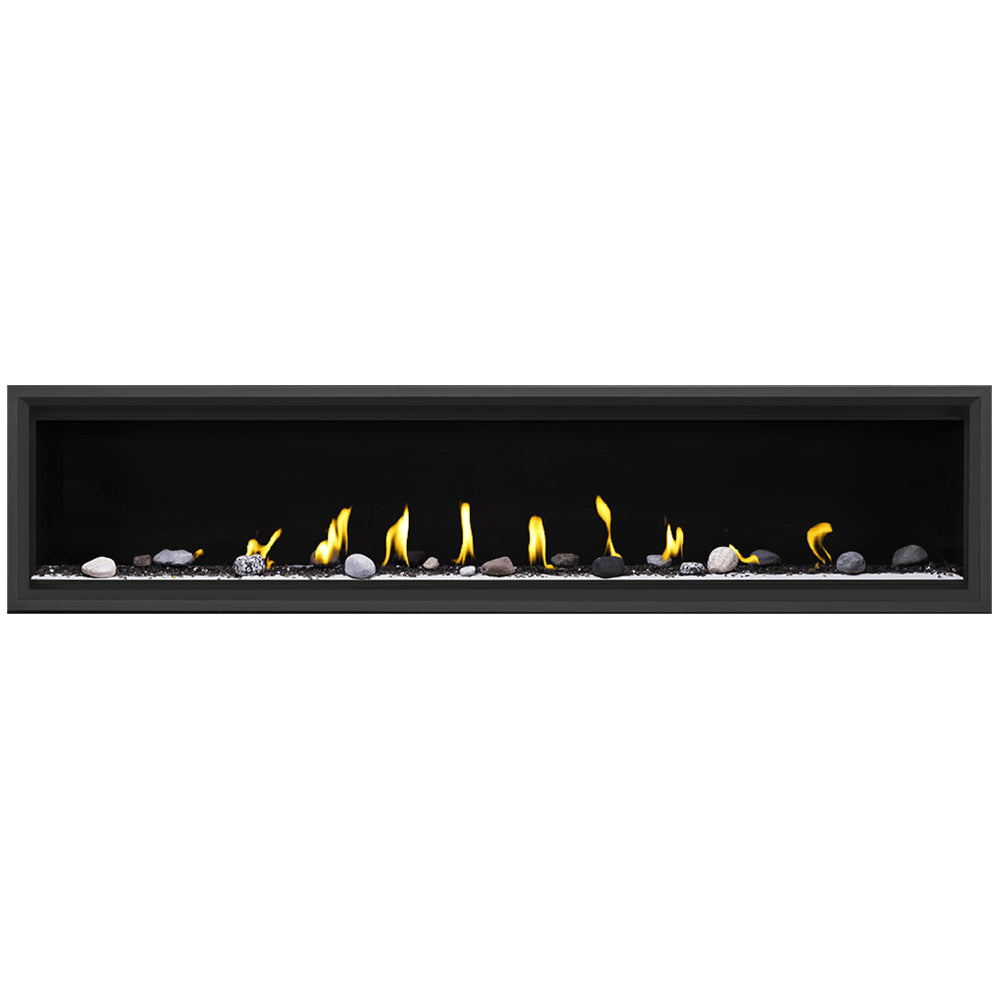 Black gas fireplace with burning flames and decorative rocks and white log-style media.