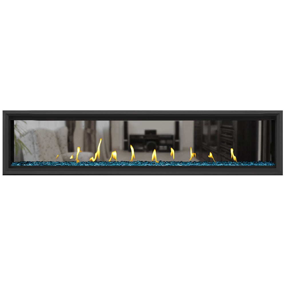 Black-framed direct vent gas fireplace with blue glass beads and burning flames