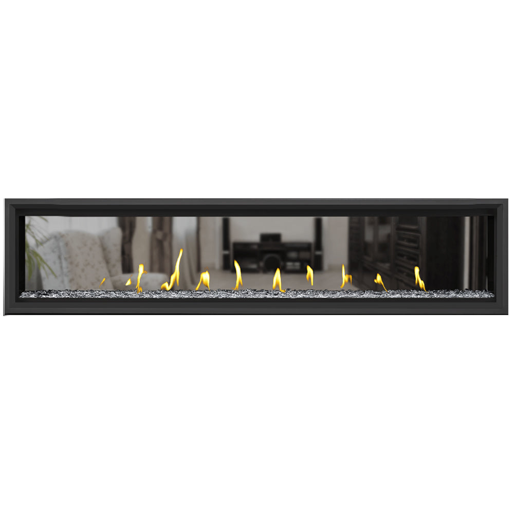 Black-framed direct vent gas fireplace with dark glass beads and burning flames