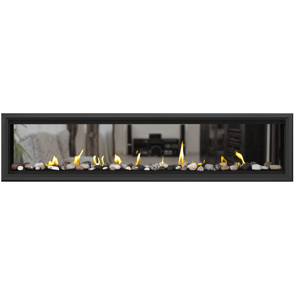 Direct vent gas fireplace with flames and mixed decorative rocks or logs