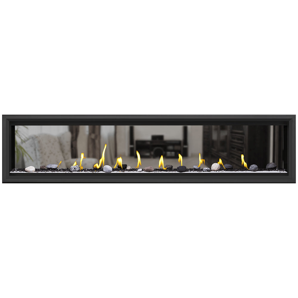 Gas fireplace insert with lit flames, light driftwood logs, and white stones in black frame