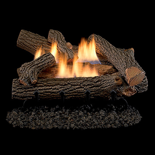 Vent-free gas log set with stacked concrete logs and visible flames over dark ember bed