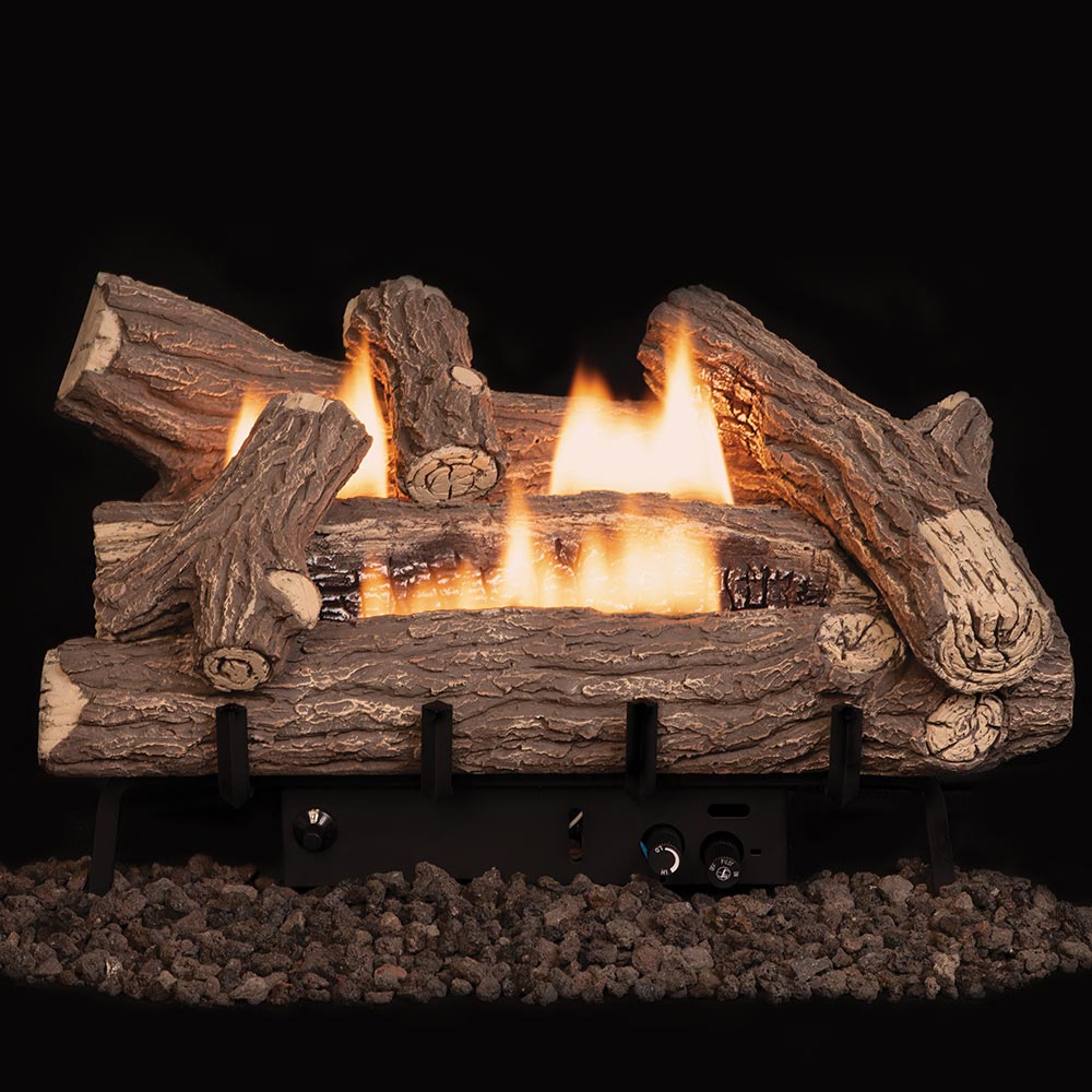 Vent-free gas log set with stacked fiber logs and glowing flames