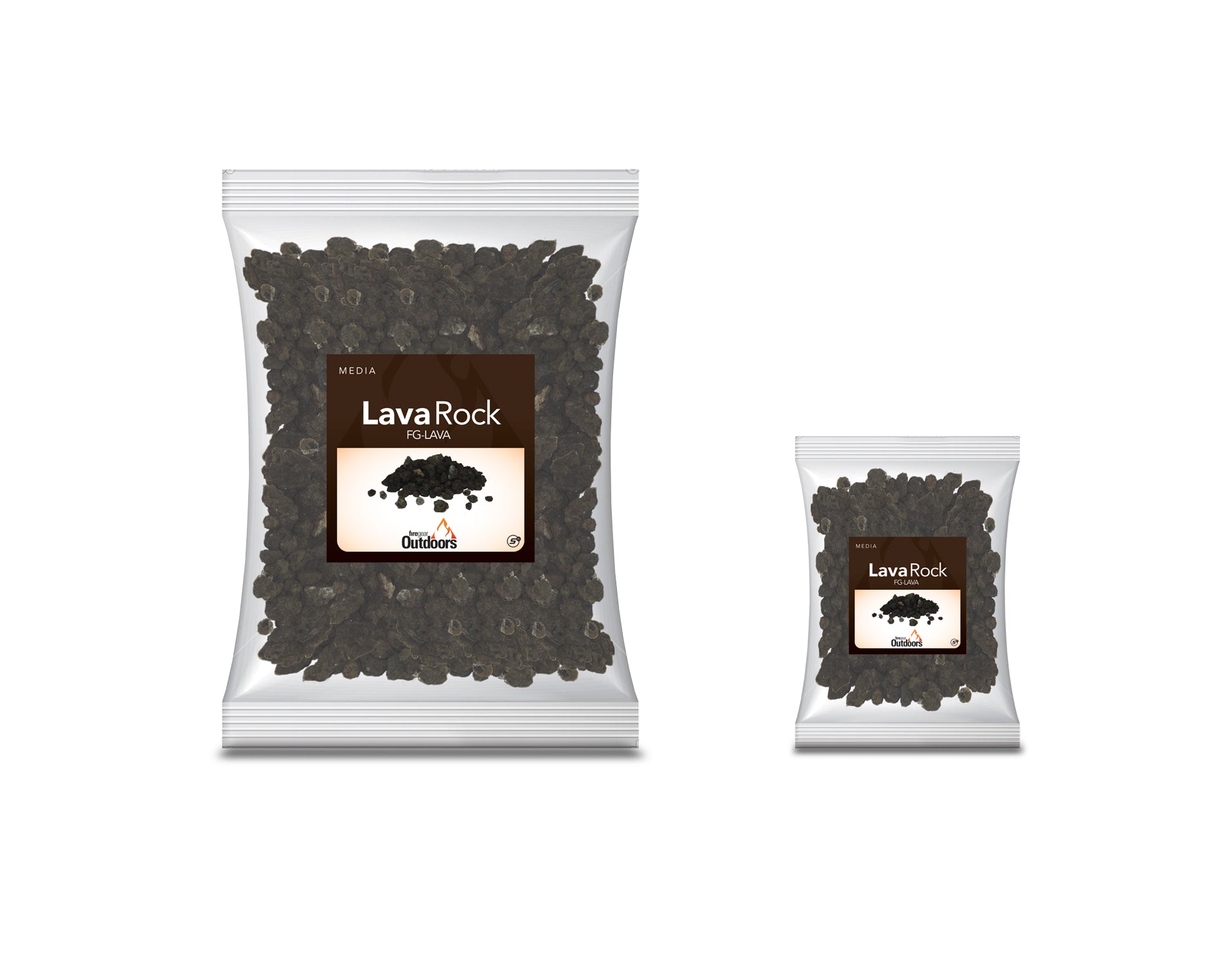 Lava rock gravel in a sealed bag, dark black stones with front label