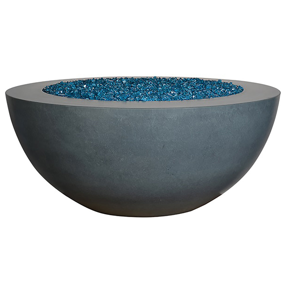 Round outdoor fire pit bowl with blue fire glass, dark gray stone finish