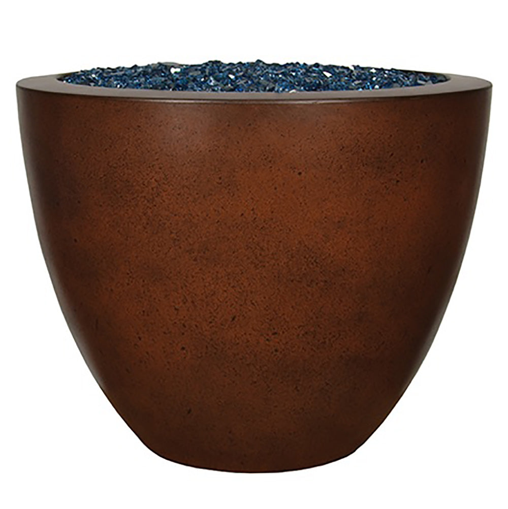 Brown round fire vase with dark rim and blue glass fire media