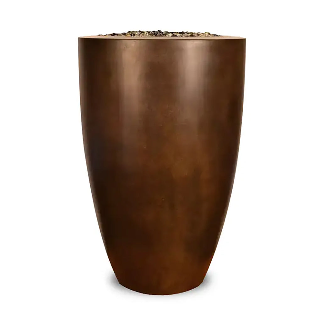 24-inch tall round fire vase with bronze-brown finish and open top