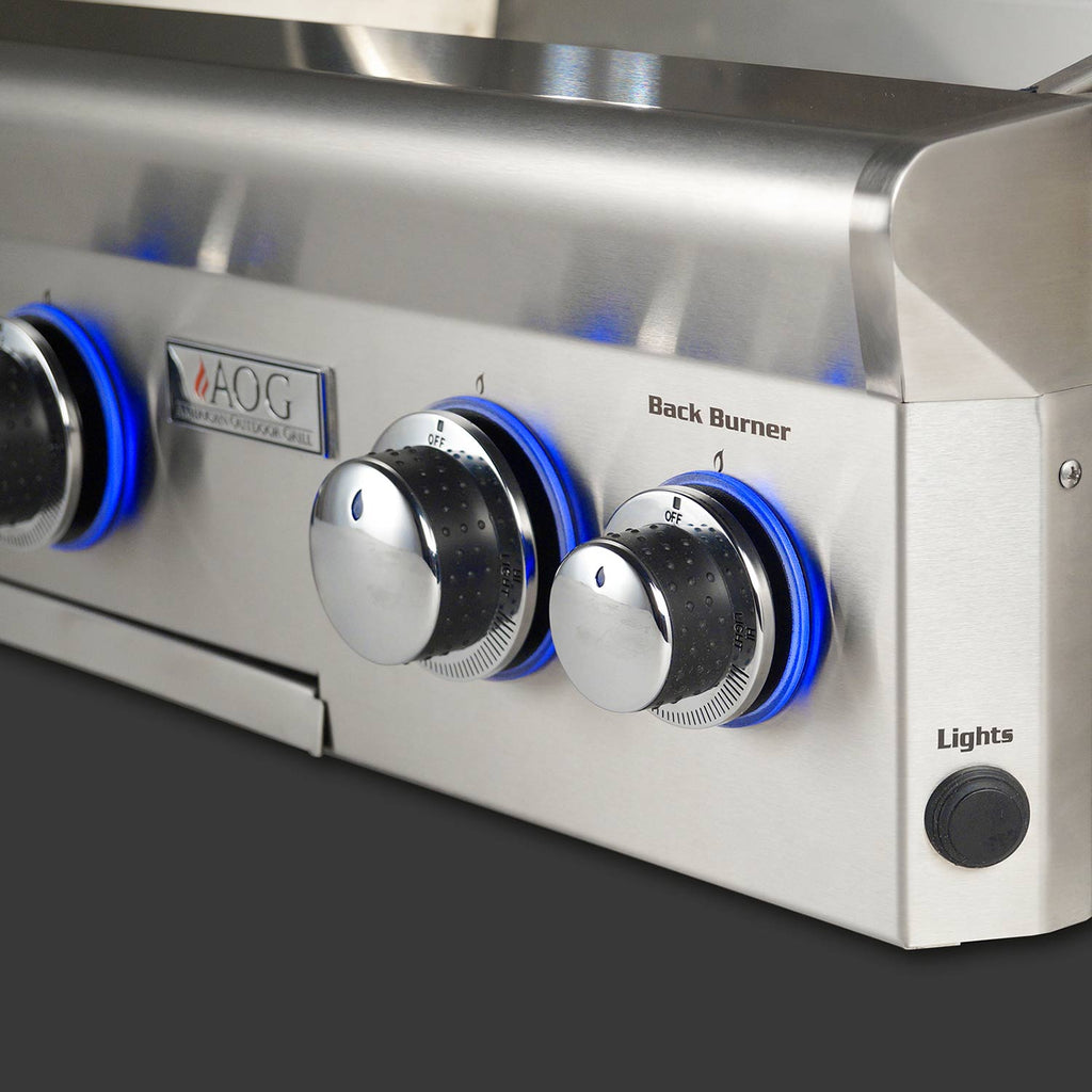 Stainless grill control panel with Back Burner knob and Lights button