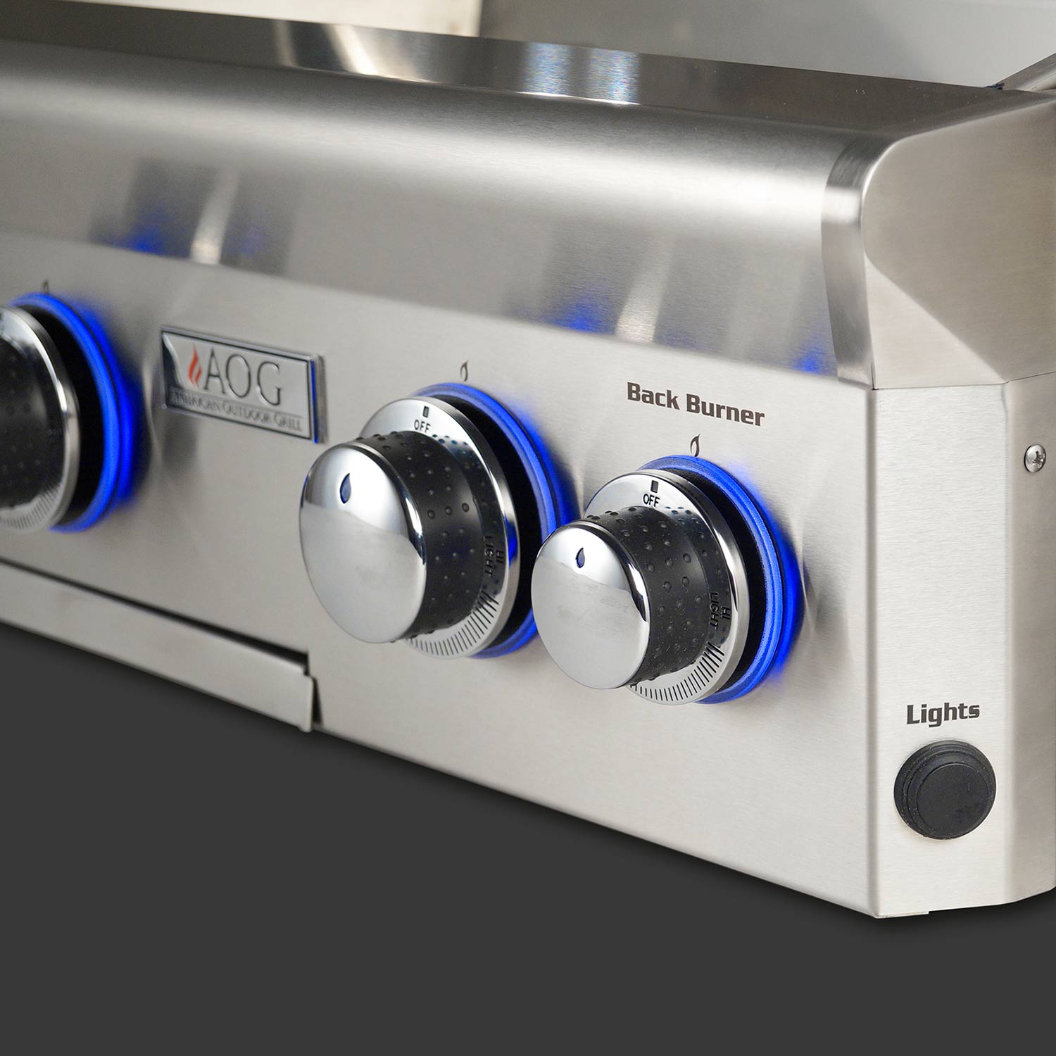 Stainless grill front panel with Back Burner knobs and Lights button