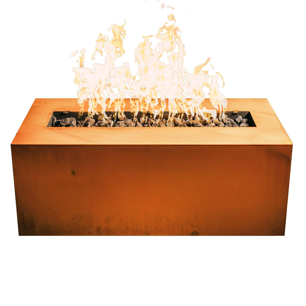 Linear gas fire pit with orange metal finish and flames over lava rocks