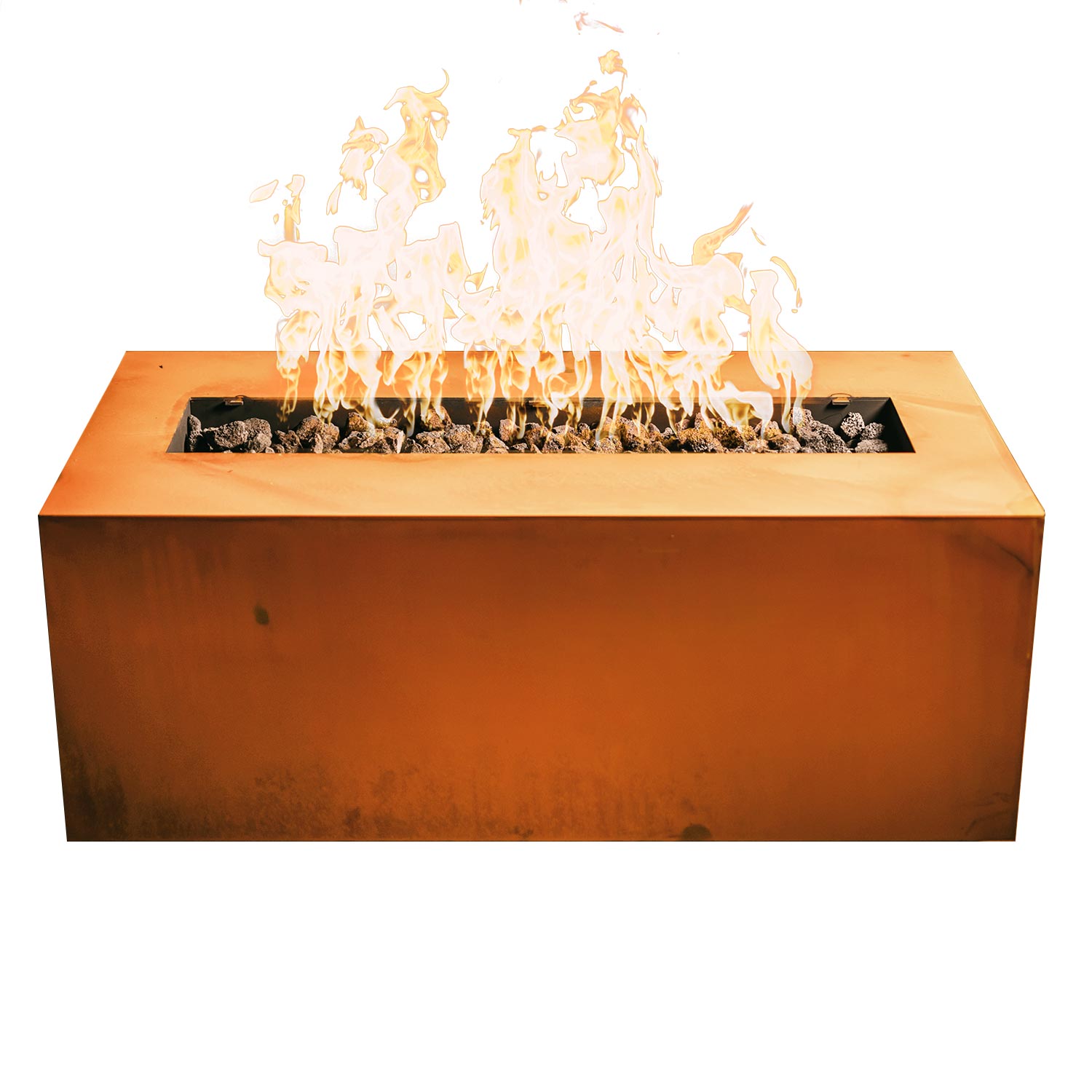 Copper-tone linear gas fire pit with open flame and visible dark lava rocks