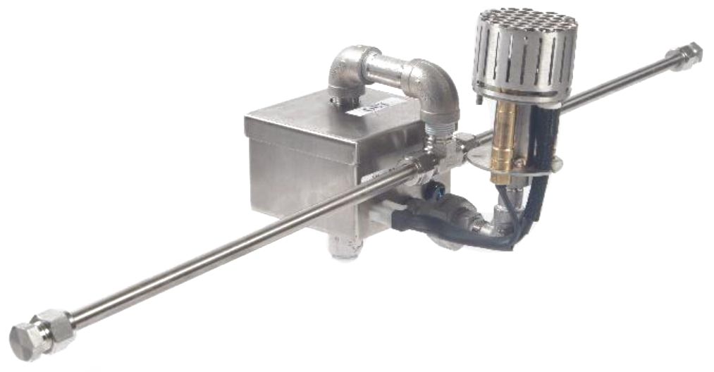 Submersible gas fire manifold assembly with metal pipe junction and control module