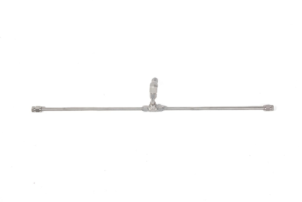 Linear T gas fire manifold with metal piping and mounting fittings